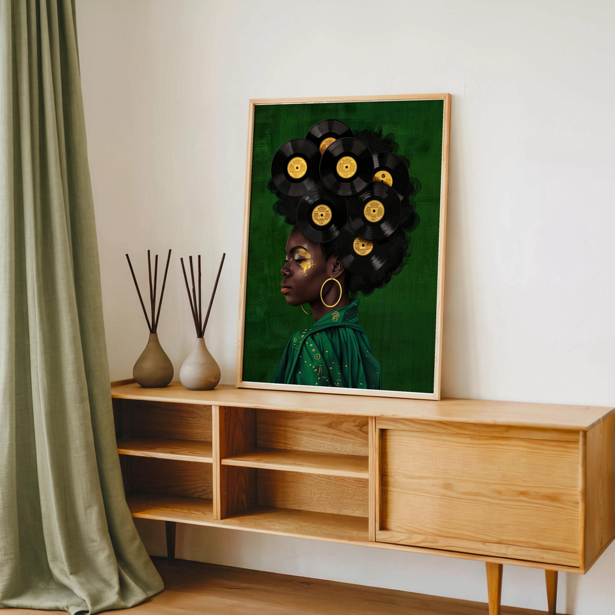 Black Woman Vinyl Record Hair Print, Retro Afro Wall Art, African American Music Poster, Gold Boho Room Decor, Vintage Melanin Canvas