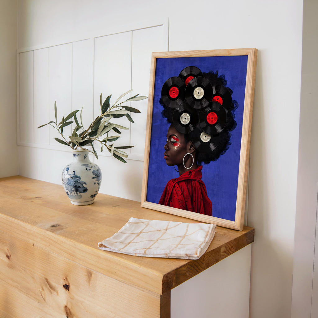 Black Woman Vinyl Record Hair Print, Retro Afro Wall Art, African American Music Poster, Gold Boho Room Decor, Vintage Melanin Canvas