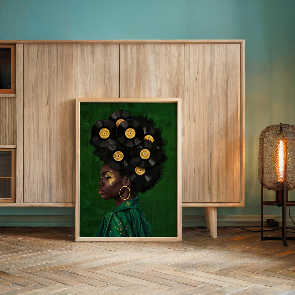Black Woman Vinyl Record Hair Print, Retro Afro Wall Art, African American Music Poster, Gold Boho Room Decor, Vintage Melanin Canvas