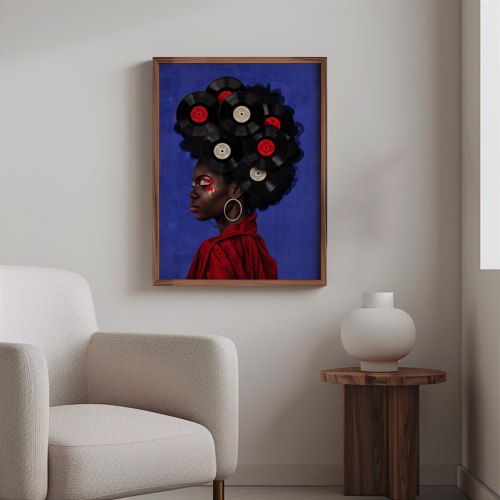Black Woman Vinyl Record Hair Print, Retro Afro Wall Art, African American Music Poster, Gold Boho Room Decor, Vintage Melanin Canvas