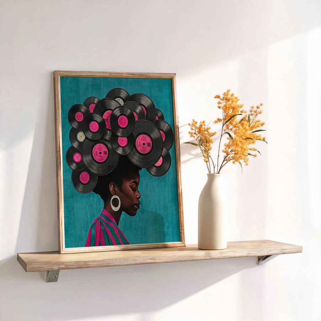 Teal print on shelf with dried stems in vase, bold profile and pink-labeled vinyl hair, black woman vinyl record wall art