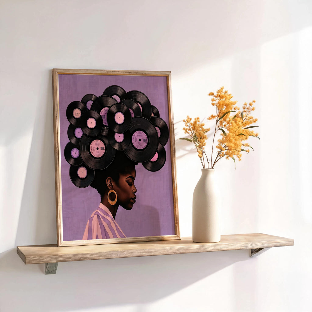 Lavender framed print on shelf with dried stems, soft light on vinyl-record afro, afrocentric black woman vinyl record wall art