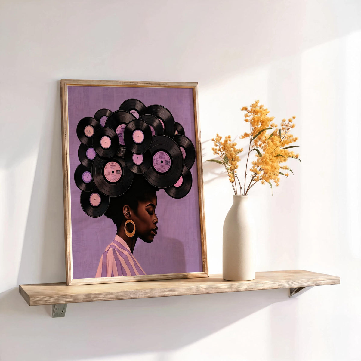 Lavender framed print on shelf with dried stems, soft light on vinyl-record afro, afrocentric black woman vinyl record wall art