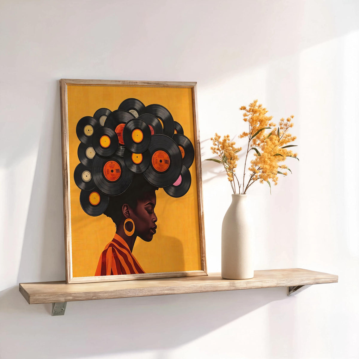 Yellow print leaning on shelf with vase, orange-labeled vinyl crown reads like 70s soul fashion, black woman vinyl record wall art