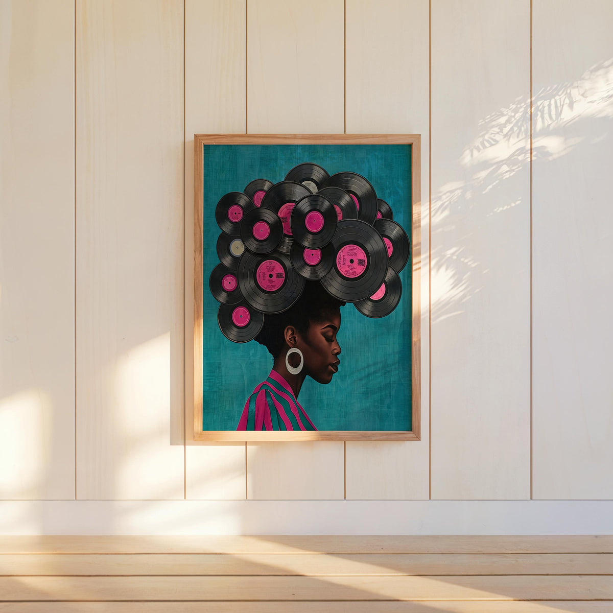 Teal framed poster on shelf, saturated colors and pink record labels create editorial flair, black woman vinyl record wall art