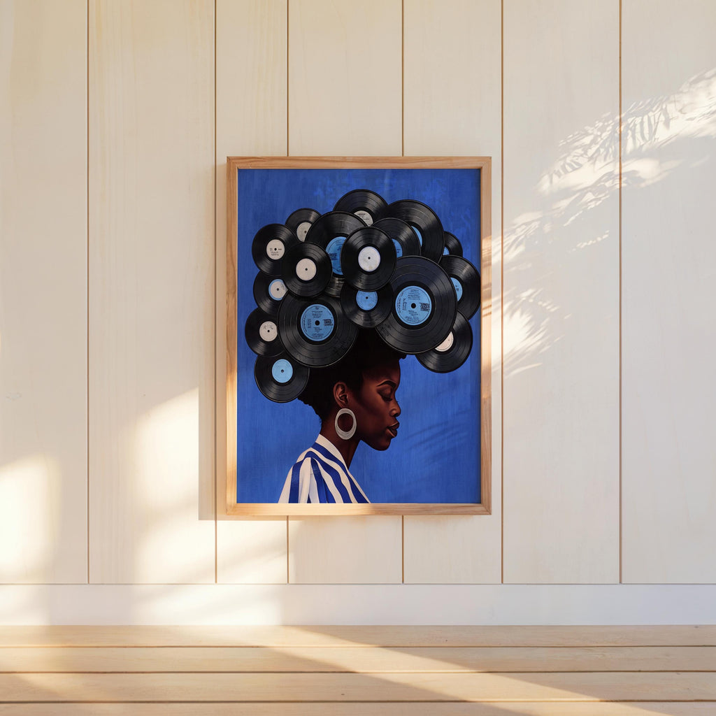 Cobalt blue print centered on paneled wall, strong regal profile and record-label details, black woman vinyl record wall art