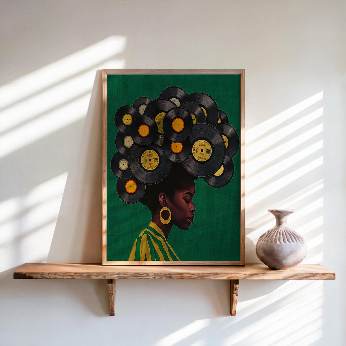 Deep green framed print with yellow record labels, minimalist shelf styling, boho black woman vinyl record wall art