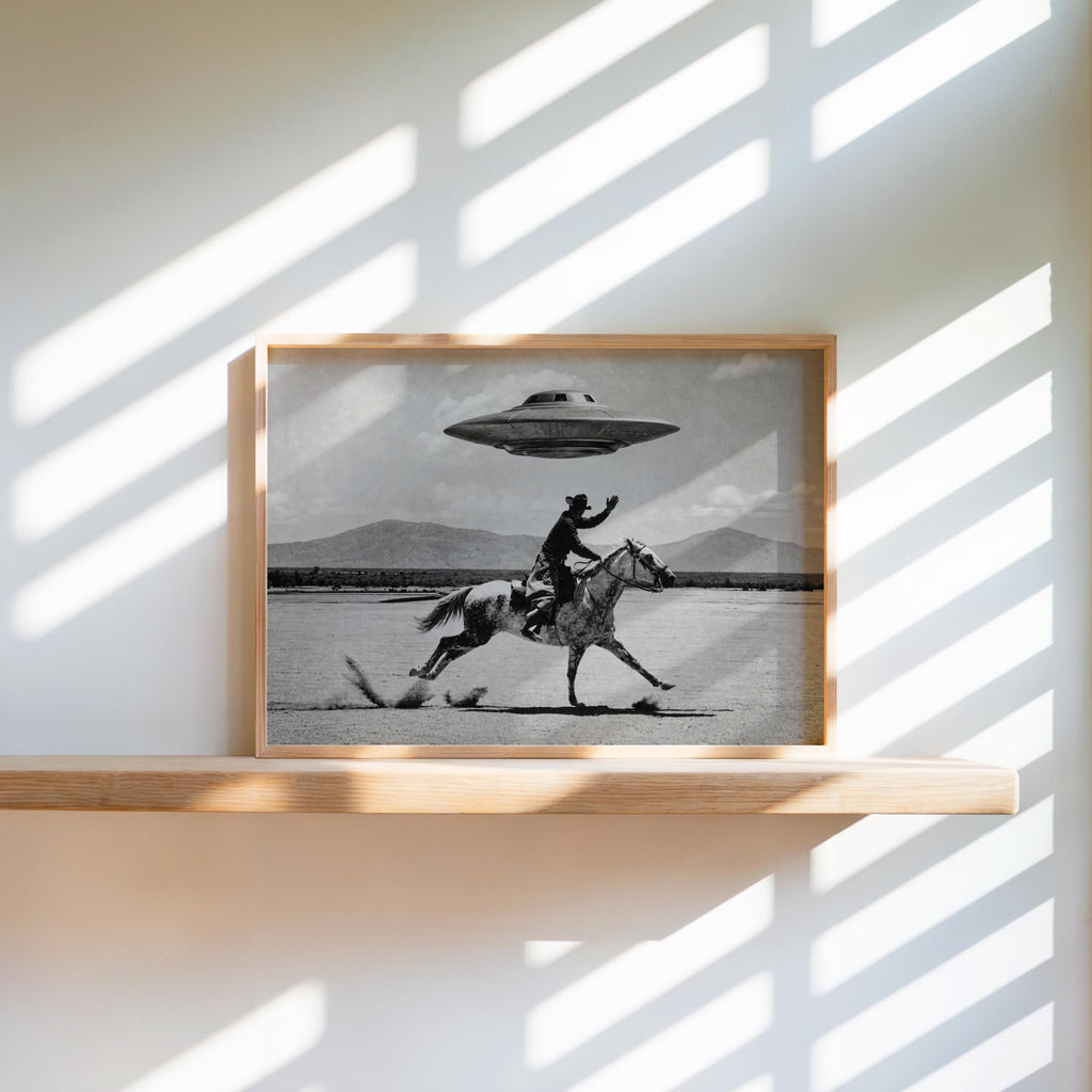 Cowboy UFO Wall Art, Surreal Western Horse Print, Vintage Sci Fi Desert Poster, Quirky Ranch Decor, Alien Lover Gift, Equestrian Artwork