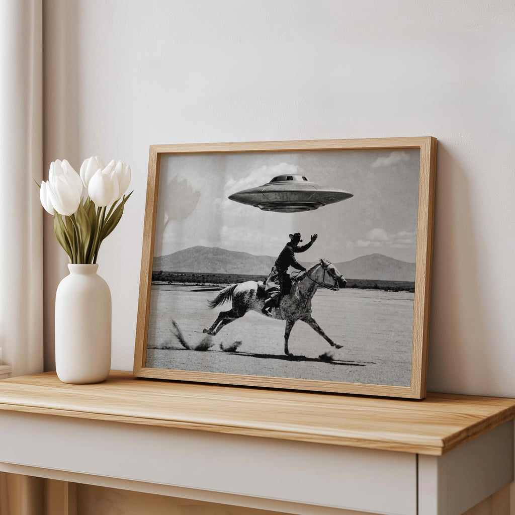 Cowboy UFO Wall Art, Surreal Western Horse Print, Vintage Sci Fi Desert Poster, Quirky Ranch Decor, Alien Lover Gift, Equestrian Artwork