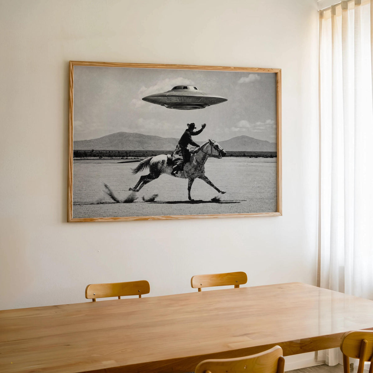 Cowboy UFO Wall Art, Surreal Western Horse Print, Vintage Sci Fi Desert Poster, Quirky Ranch Decor, Alien Lover Gift, Equestrian Artwork