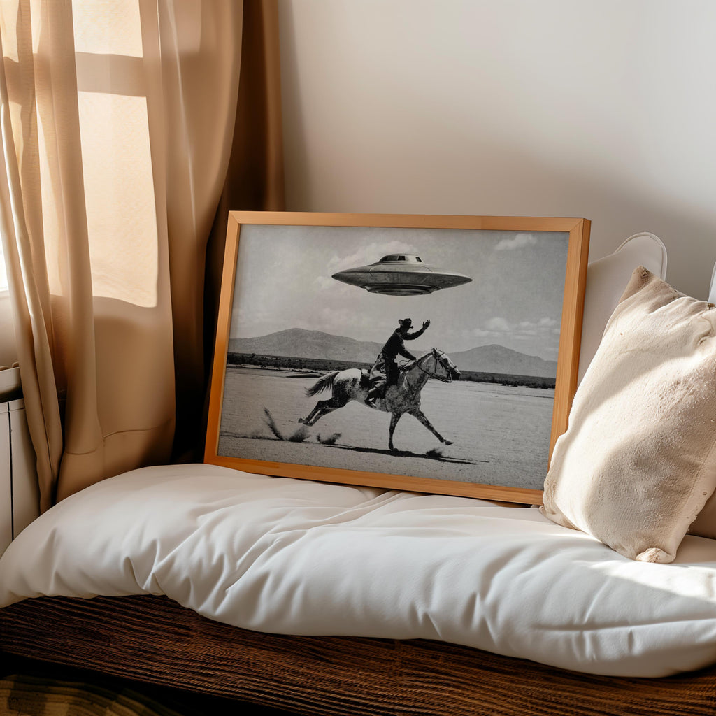 Cowboy UFO Wall Art, Surreal Western Horse Print, Vintage Sci Fi Desert Poster, Quirky Ranch Decor, Alien Lover Gift, Equestrian Artwork