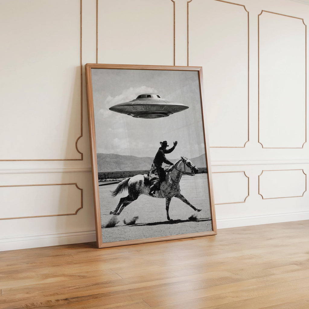 Cowboy UFO Wall Art, Surreal Western Horse Print, Vintage Sci Fi Desert Poster, Quirky Ranch Decor, Alien Lover Gift, Equestrian Artwork