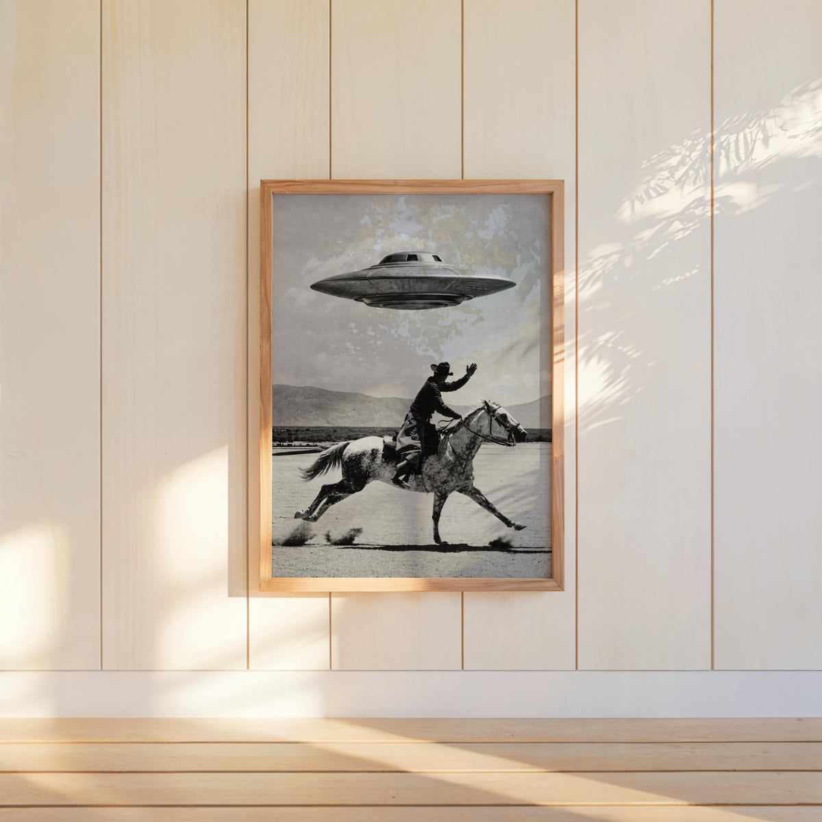 Cowboy UFO Wall Art, Surreal Western Horse Print, Vintage Sci Fi Desert Poster, Quirky Ranch Decor, Alien Lover Gift, Equestrian Artwork