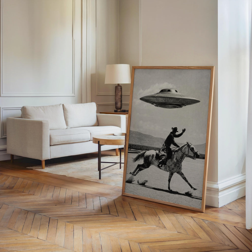 Cowboy UFO Wall Art, Surreal Western Horse Print, Vintage Sci Fi Desert Poster, Quirky Ranch Decor, Alien Lover Gift, Equestrian Artwork