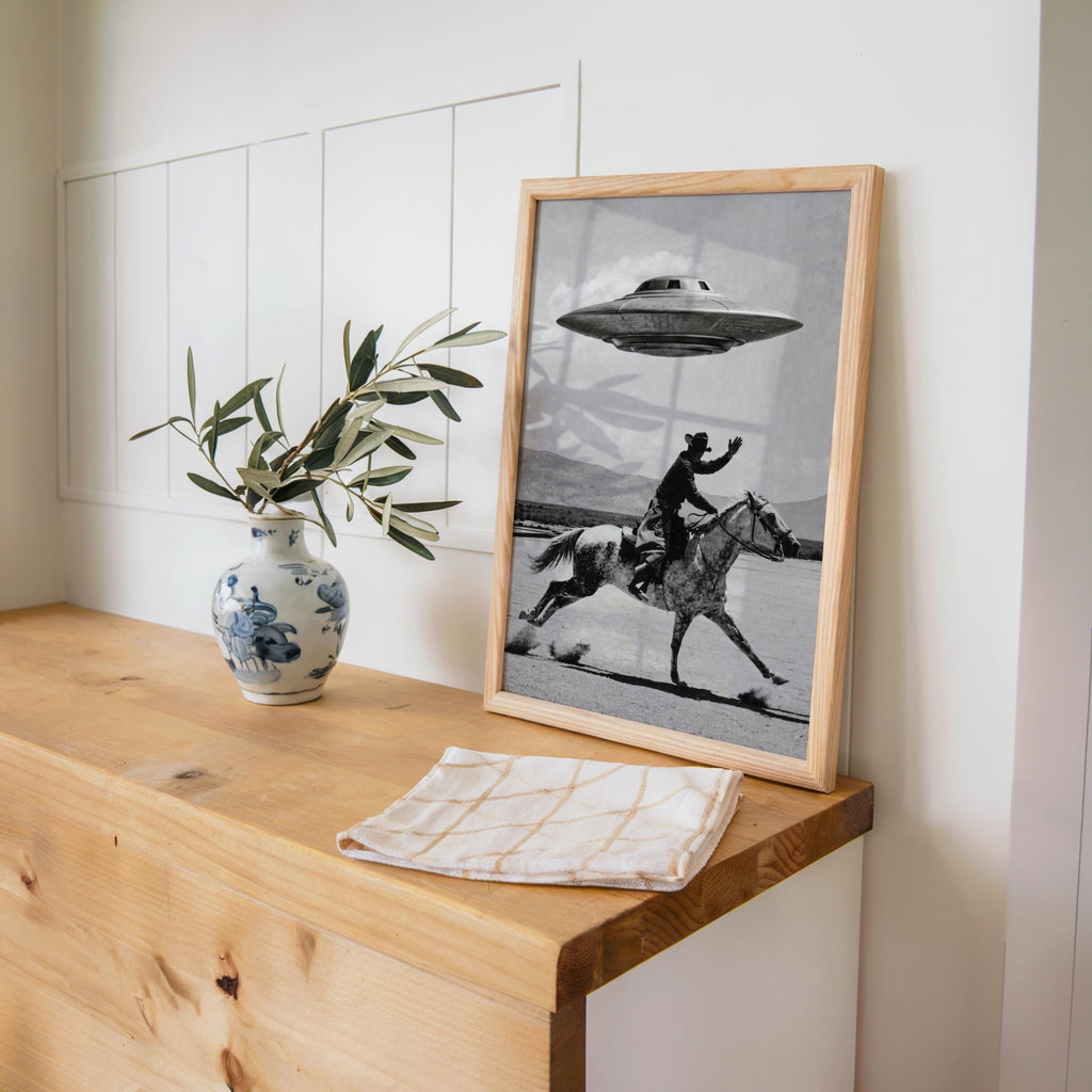 Cowboy UFO Wall Art, Surreal Western Horse Print, Vintage Sci Fi Desert Poster, Quirky Ranch Decor, Alien Lover Gift, Equestrian Artwork