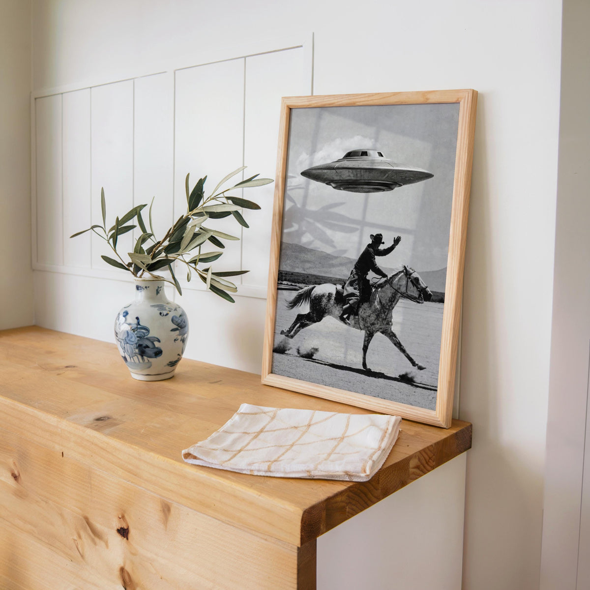 Cowboy UFO Wall Art, Surreal Western Horse Print, Vintage Sci Fi Desert Poster, Quirky Ranch Decor, Alien Lover Gift, Equestrian Artwork
