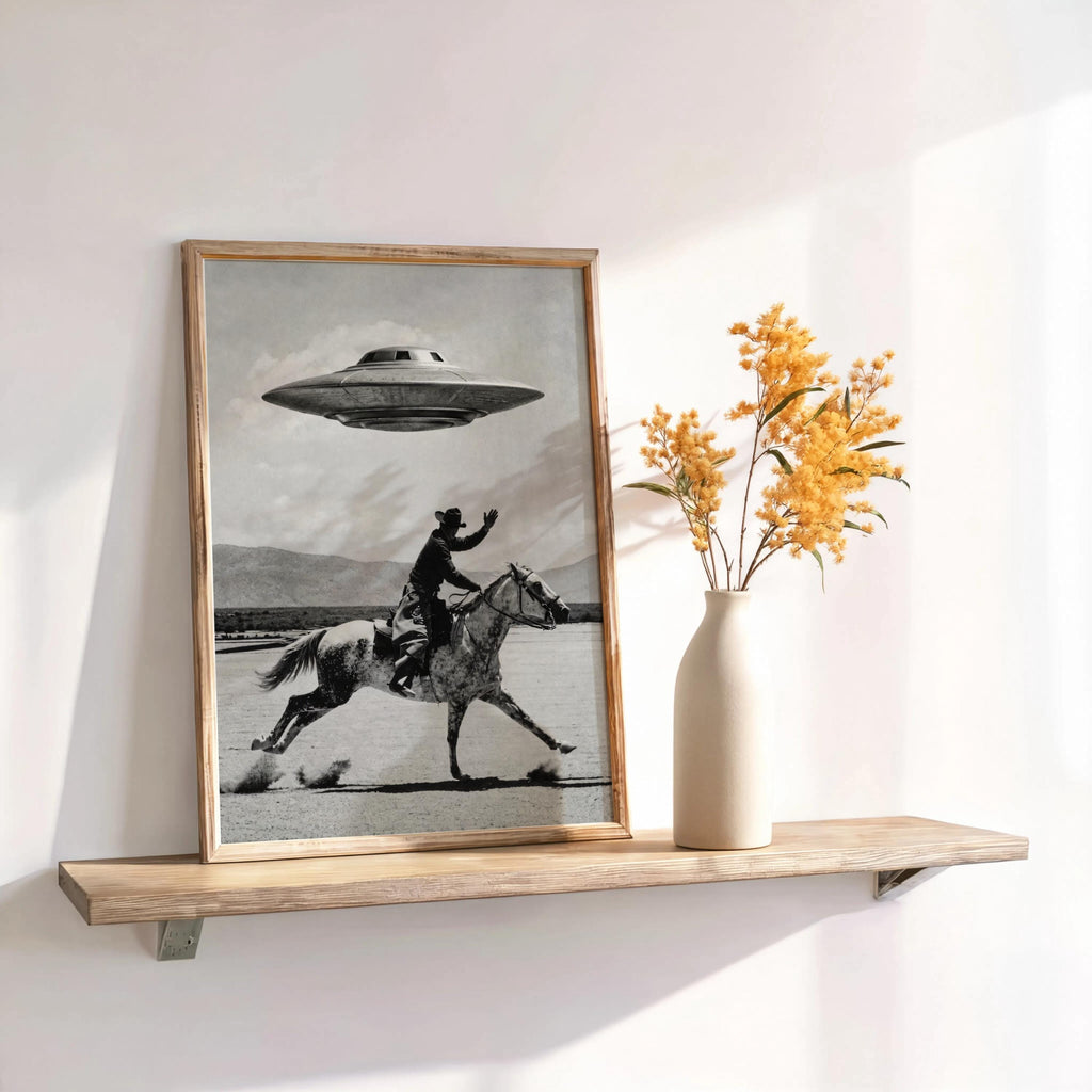 Cowboy UFO Wall Art, Surreal Western Horse Print, Vintage Sci Fi Desert Poster, Quirky Ranch Decor, Alien Lover Gift, Equestrian Artwork