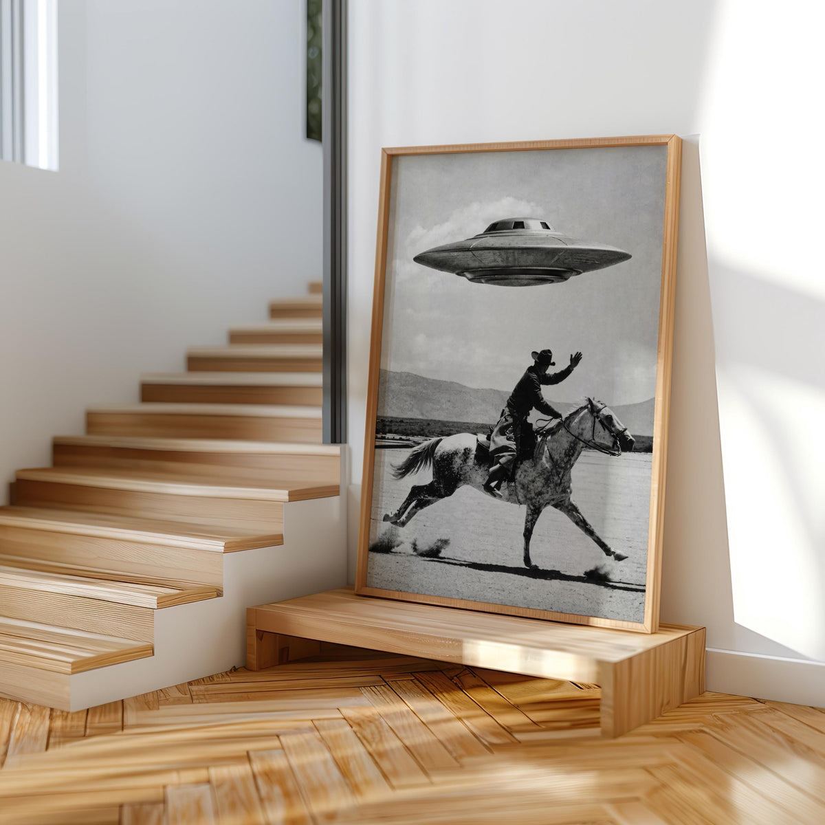 Cowboy UFO Wall Art, Surreal Western Horse Print, Vintage Sci Fi Desert Poster, Quirky Ranch Decor, Alien Lover Gift, Equestrian Artwork