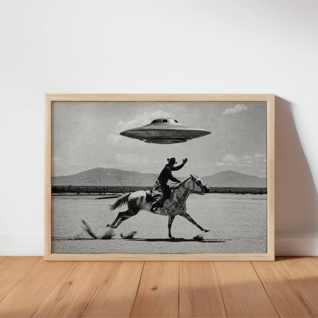 Cowboy UFO Wall Art, Surreal Western Horse Print, Vintage Sci Fi Desert Poster, Quirky Ranch Decor, Alien Lover Gift, Equestrian Artwork
