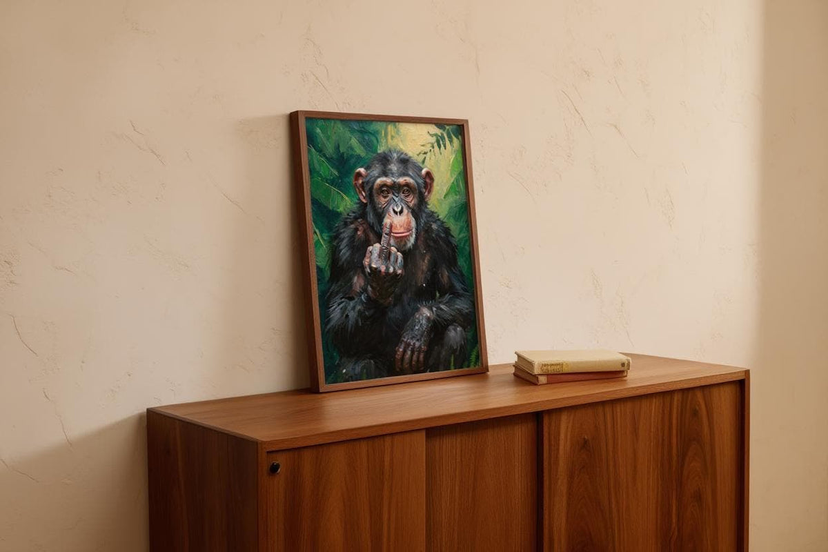 Chimp Middle Finger Wall Art, Funny Monkey Portrait Print, Rude Animal Office Decor, Jungle Poster, Sarcastic Gift, Home Bar Painting