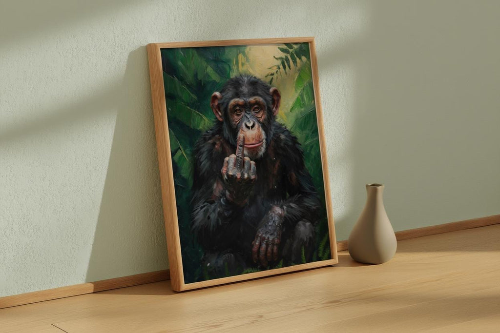 Chimp Middle Finger Wall Art, Funny Monkey Portrait Print, Rude Animal Office Decor, Jungle Poster, Sarcastic Gift, Home Bar Painting