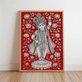 Shreenathji Kalamkari Wall Art, Hindu God Lord Krishna Painting, Red Traditional Indian Folk Art Print, Pichwai Shrinathji Poster
