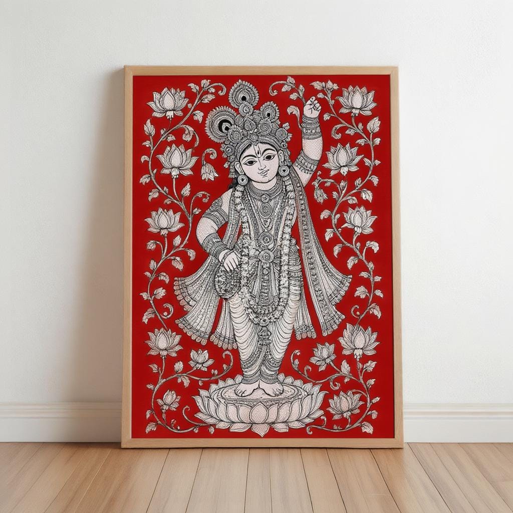 Shreenathji Kalamkari Wall Art, Hindu God Lord Krishna Painting, Red Traditional Indian Folk Art Print, Pichwai Shrinathji Poster