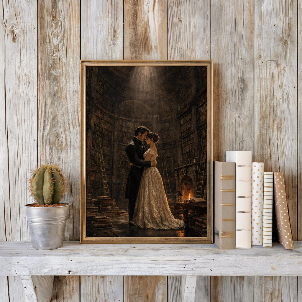 Gothic Romance Art Print, Dark Academia Library Poster, Victorian Couple Painting, Moody Reading Room Decor, Romantic Book Lover Gift