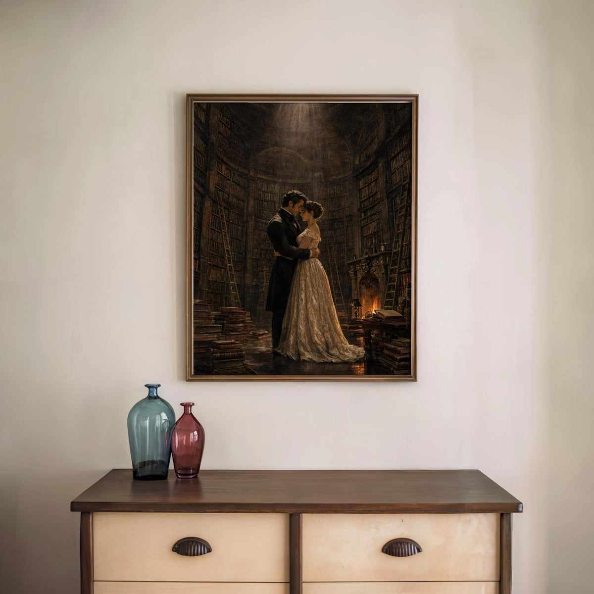 Gothic Romance Art Print, Dark Academia Library Poster, Victorian Couple Painting, Moody Reading Room Decor, Romantic Book Lover Gift