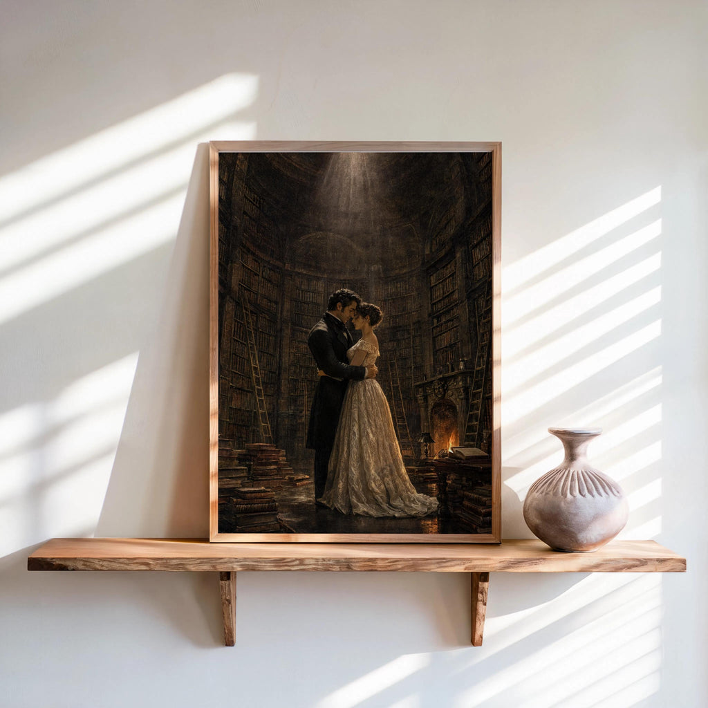 Gothic Romance Art Print, Dark Academia Library Poster, Victorian Couple Painting, Moody Reading Room Decor, Romantic Book Lover Gift