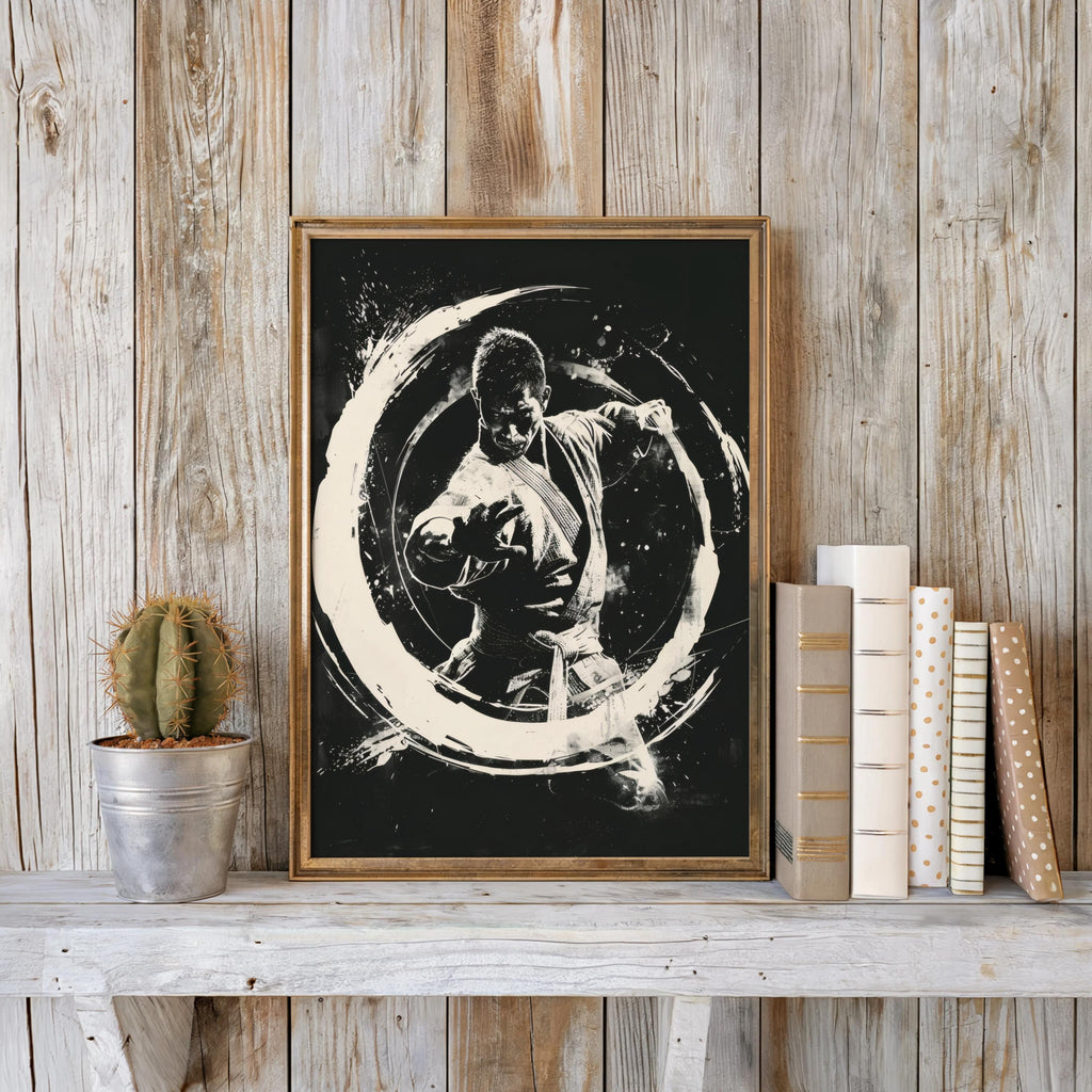 Martial Arts Wall Art, Kung Fu Portrait, Masculine Print, Dojo Room Decor, Zen Circle Poster, Man Cave Artwork, BJJ Gi Graphic Sketch,