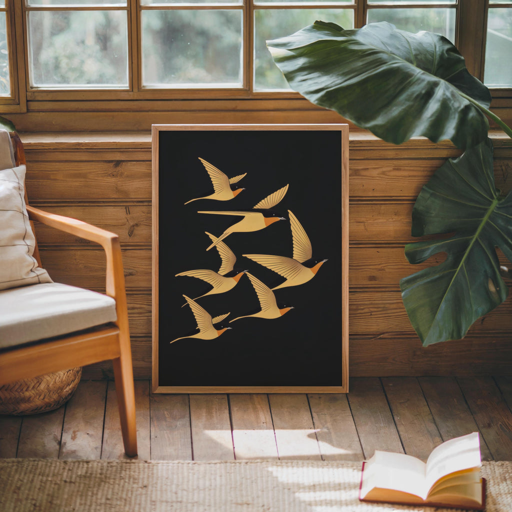 Swallow Bird Wall Art, Art Deco Inspired Flying Birds Print, Vintage Style Nature Poster, Elegant Living Room Decor, Bird Lover Gift