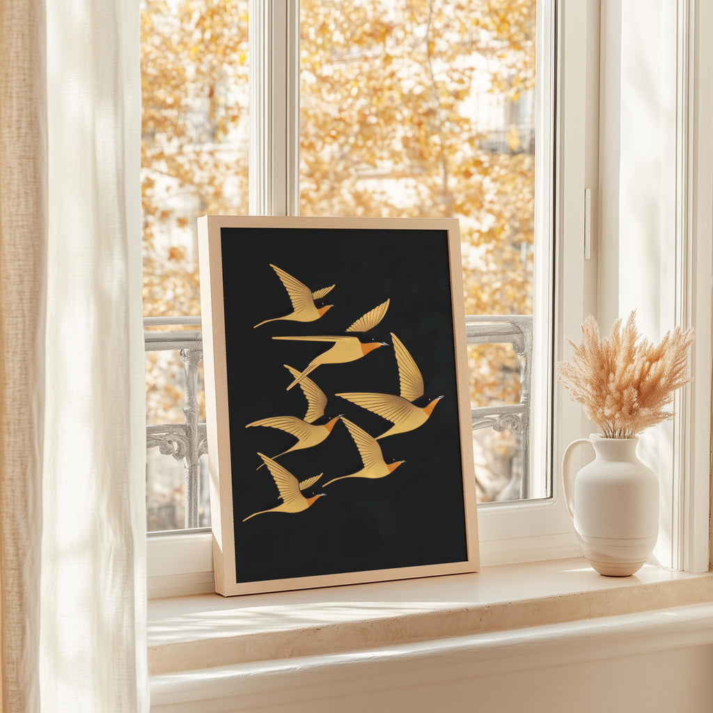 Swallow Bird Wall Art, Art Deco Inspired Flying Birds Print, Vintage Style Nature Poster, Elegant Living Room Decor, Bird Lover Gift