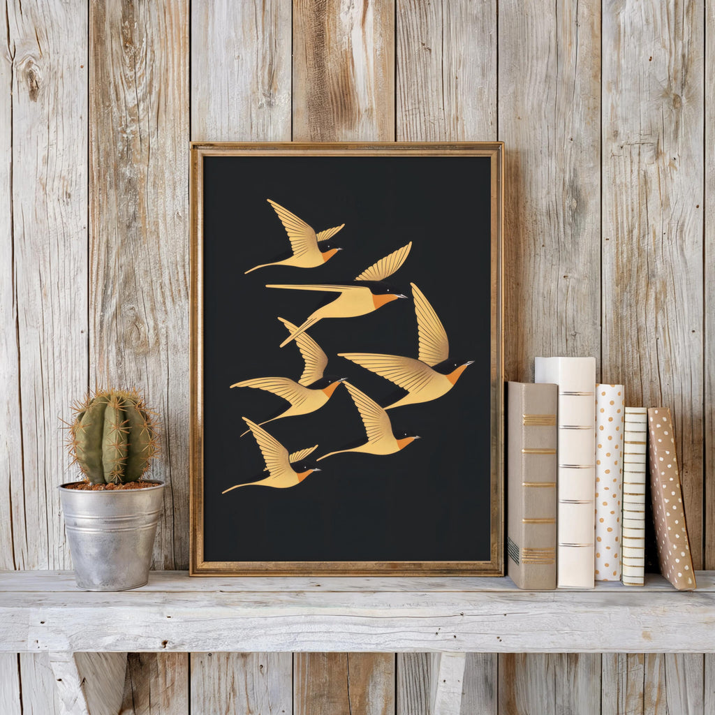 Swallow Bird Wall Art, Art Deco Inspired Flying Birds Print, Vintage Style Nature Poster, Elegant Living Room Decor, Bird Lover Gift