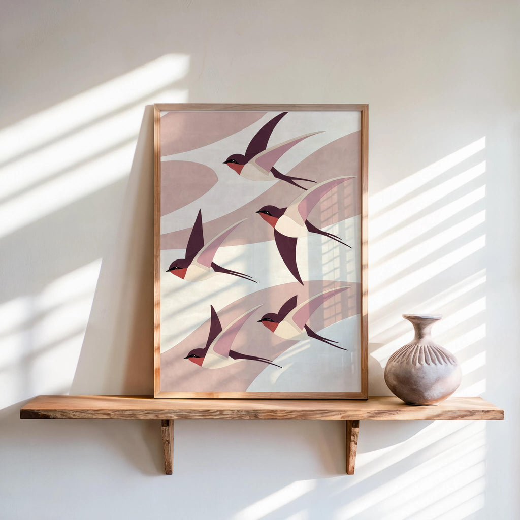 Japandi Swallow Print, Multiple Colors Mid Century Flying Birds Wall Art, Japanese Abstract Wabi Sabi Decor, Modern Boho Graphic Poster
