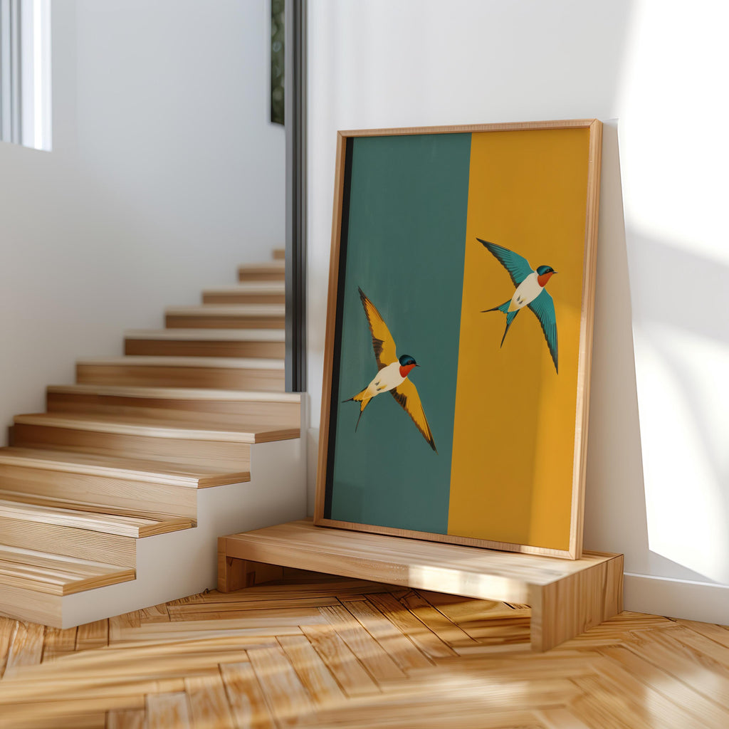 Mid Century Swallow Print, Modern Teal Yellow Geometric Bird Poster, Art Deco Two Birds Wall Art, Minimalist Retro Nature Decor