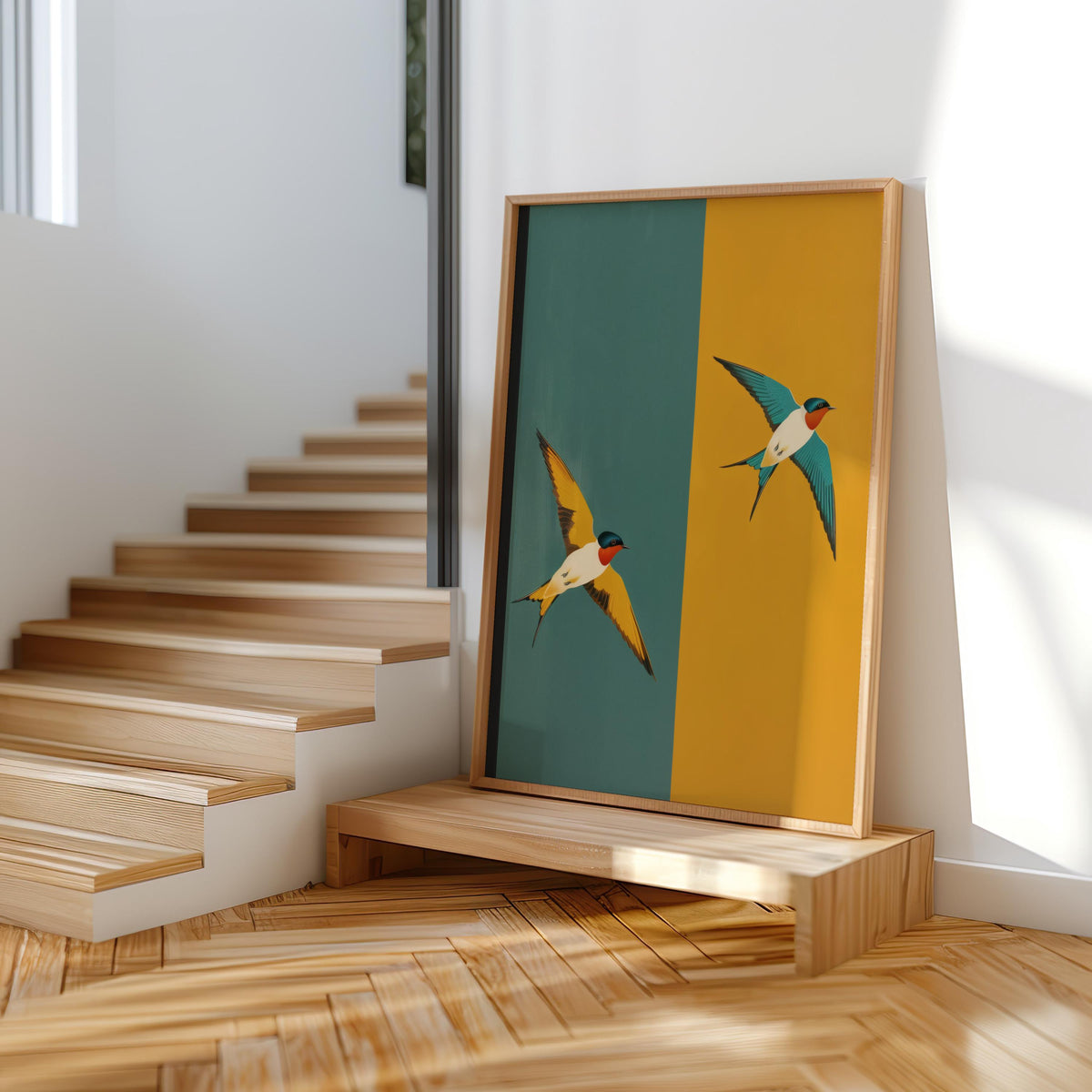 Mid Century Swallow Print, Modern Teal Yellow Geometric Bird Poster, Art Deco Two Birds Wall Art, Minimalist Retro Nature Decor