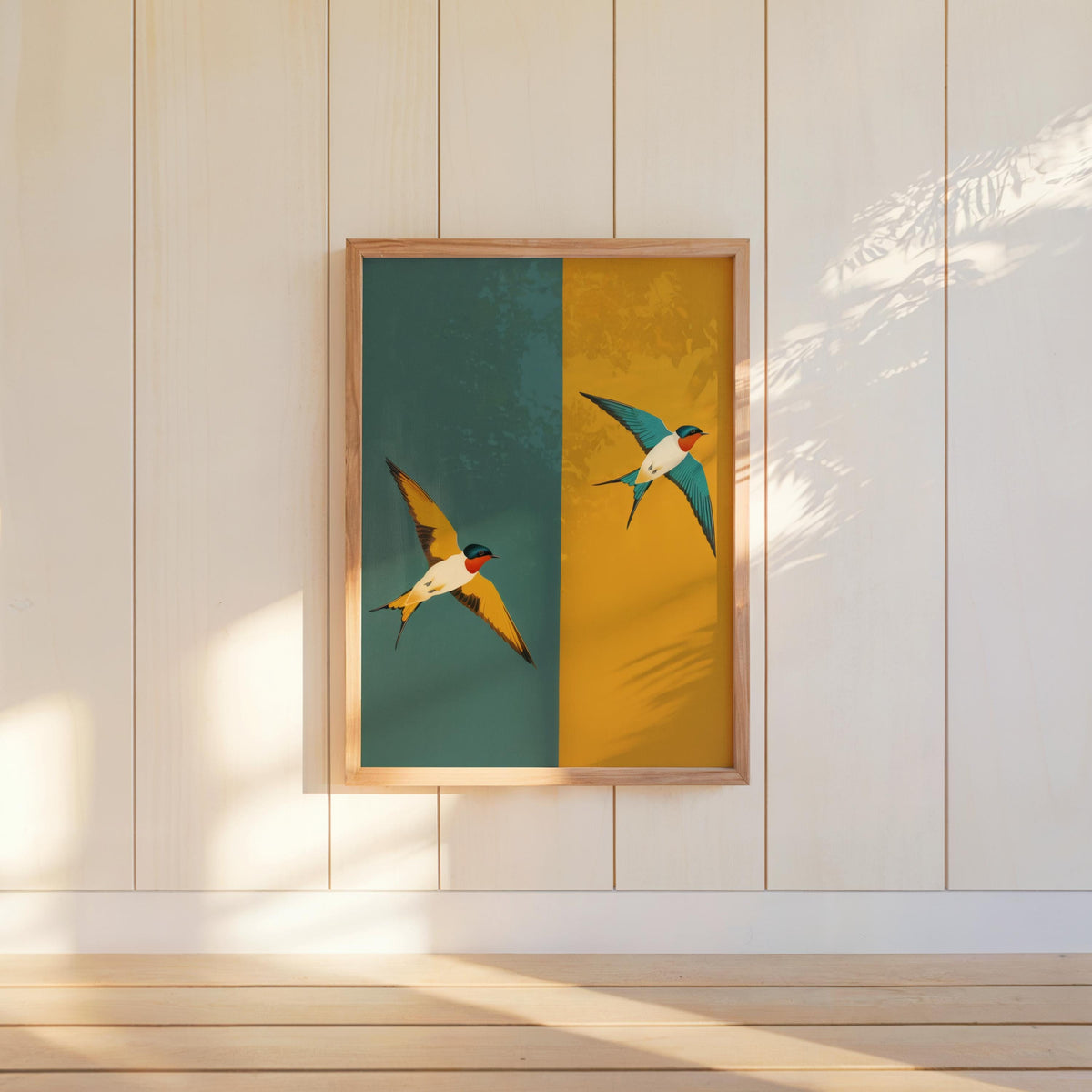 Mid Century Swallow Print, Modern Teal Yellow Geometric Bird Poster, Art Deco Two Birds Wall Art, Minimalist Retro Nature Decor