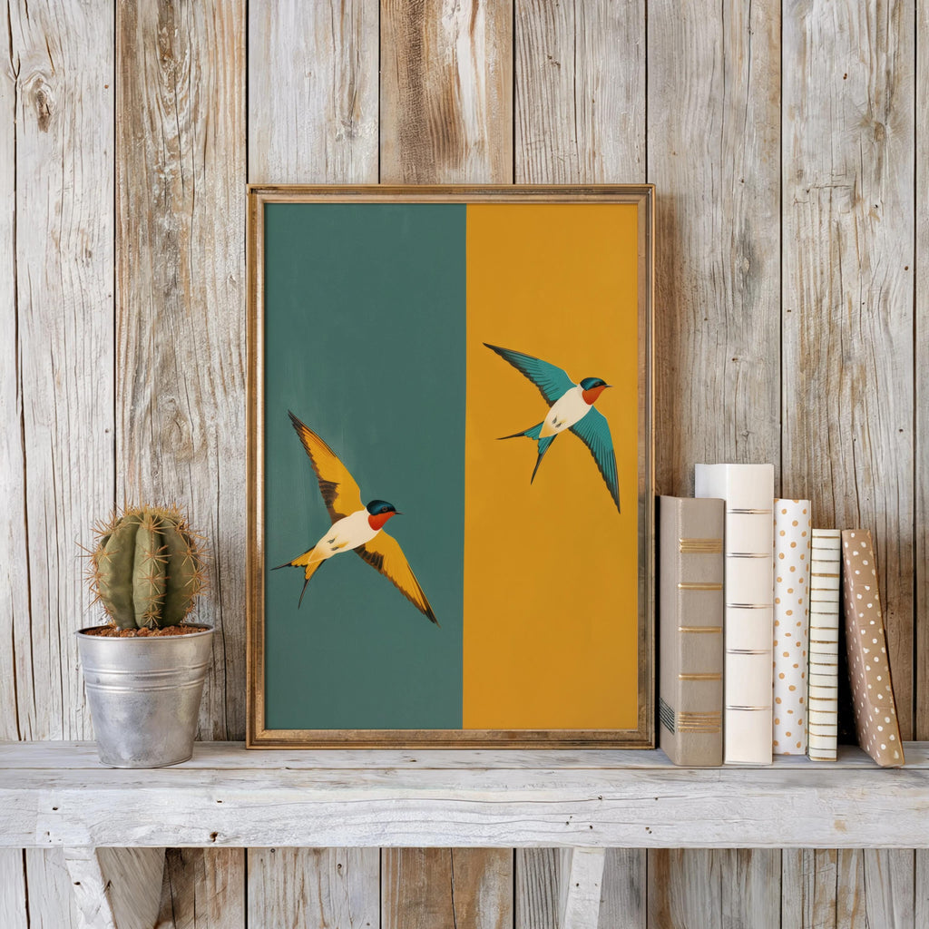 Mid Century Swallow Print, Modern Teal Yellow Geometric Bird Poster, Art Deco Two Birds Wall Art, Minimalist Retro Nature Decor