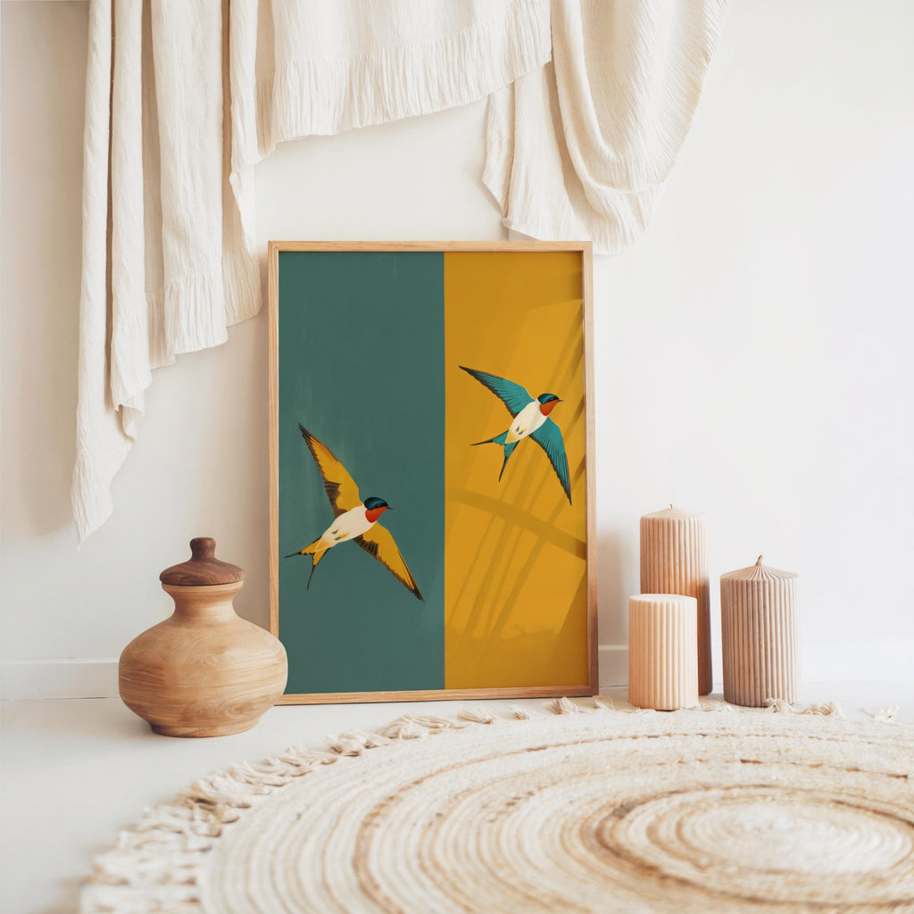 Mid Century Swallow Print, Modern Teal Yellow Geometric Bird Poster, Art Deco Two Birds Wall Art, Minimalist Retro Nature Decor