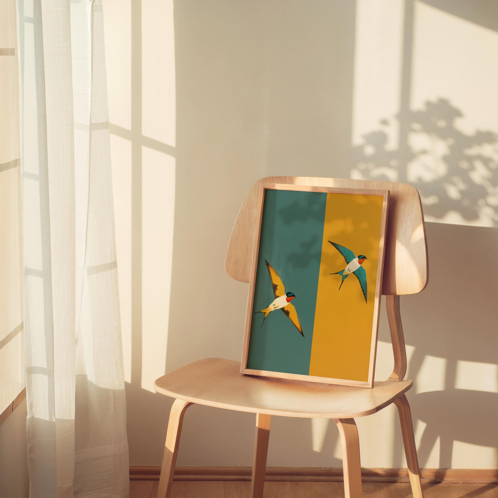Mid Century Swallow Print, Modern Teal Yellow Geometric Bird Poster, Art Deco Two Birds Wall Art, Minimalist Retro Nature Decor