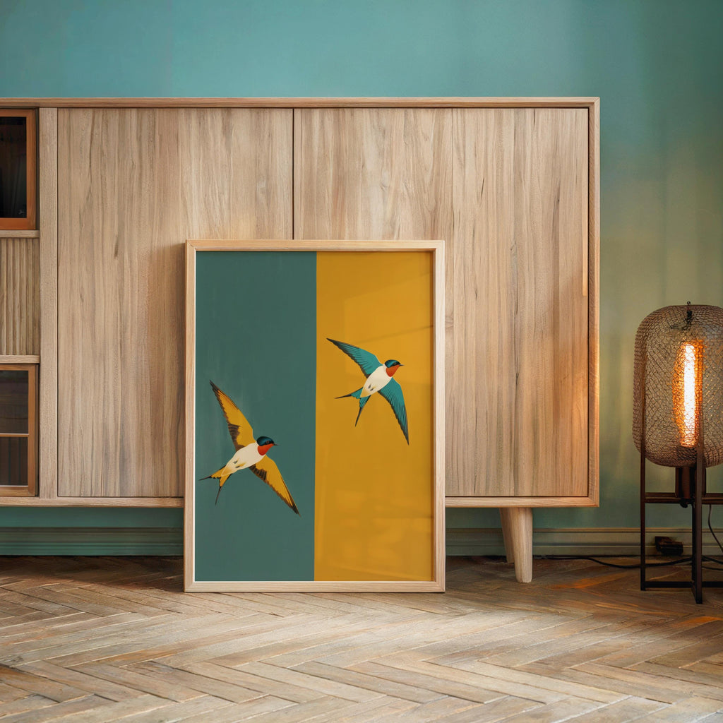 Mid Century Swallow Print, Modern Teal Yellow Geometric Bird Poster, Art Deco Two Birds Wall Art, Minimalist Retro Nature Decor