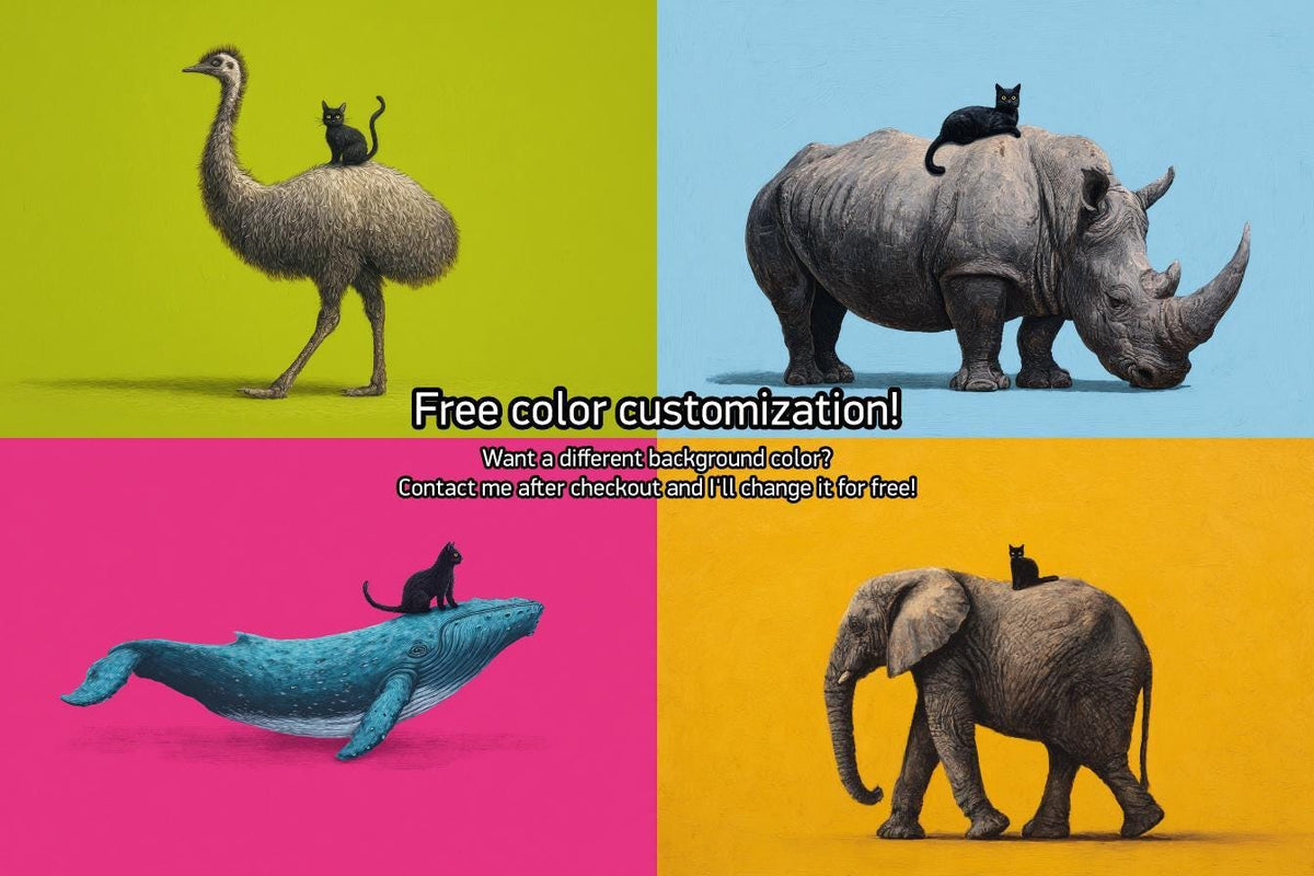 Rhino & Black Cat Wall Art, Funny Rhinoceros Poster, Quirky Animal Print, Bold Whimsical Wildlife Decor