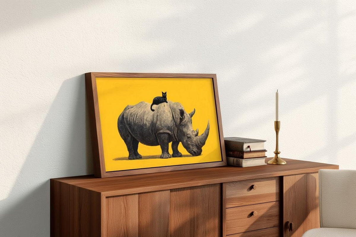 Rhino & Black Cat Wall Art, Funny Rhinoceros Poster, Quirky Animal Print, Bold Whimsical Wildlife Decor