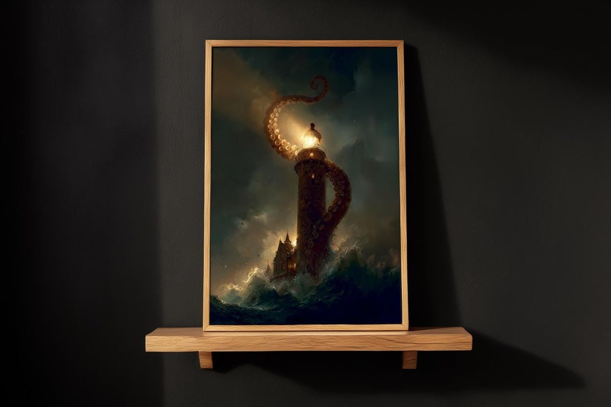 Kraken Lighthouse Wall Art, Nautical Horror Print, Dark Academia Seascape, Gothic Ocean Fantasy Decor