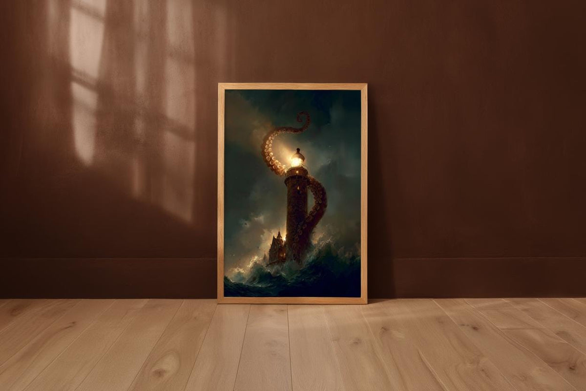 Kraken Lighthouse Wall Art, Nautical Horror Print, Dark Academia Seascape, Gothic Ocean Fantasy Decor