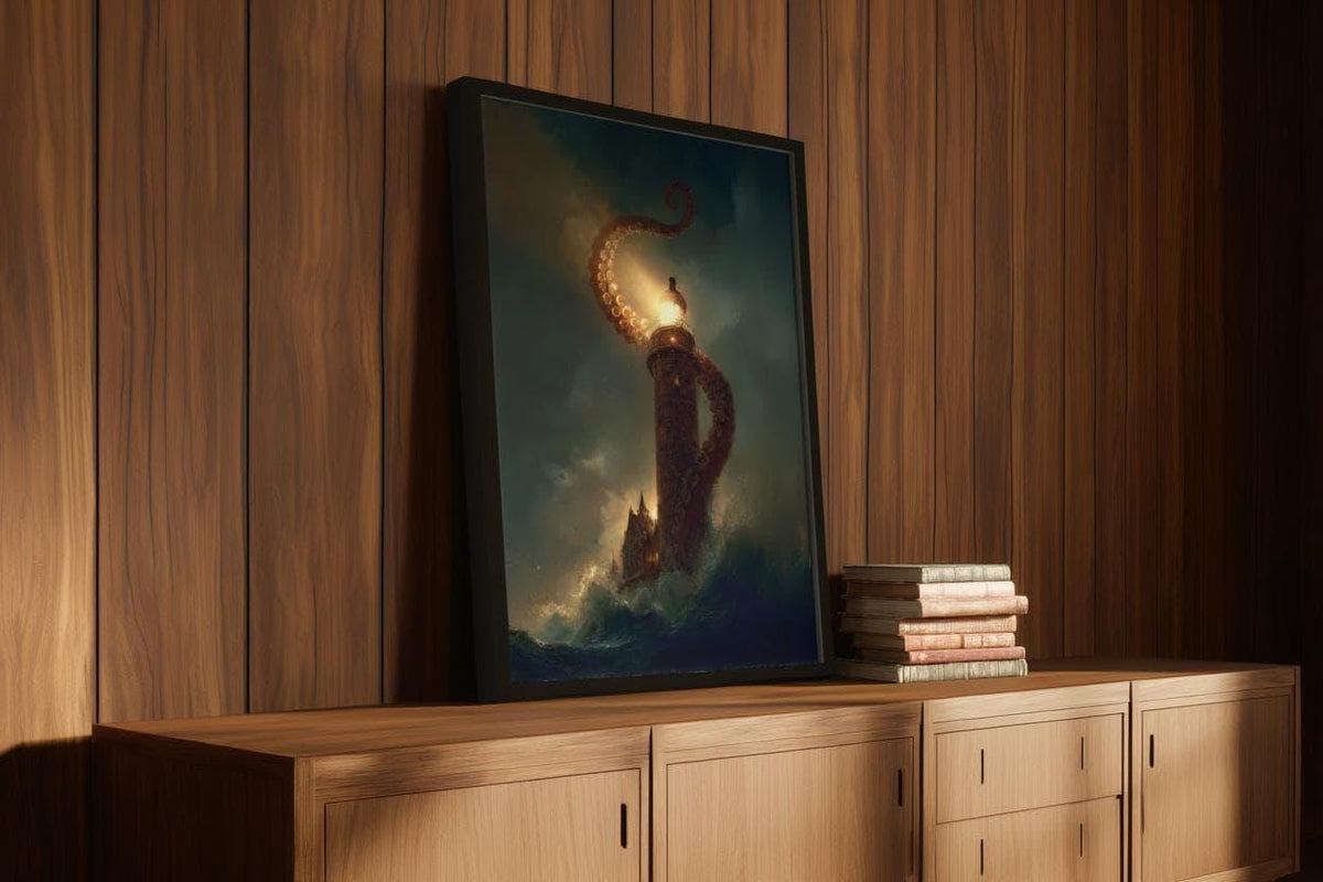 Kraken Lighthouse Wall Art, Nautical Horror Print, Dark Academia Seascape, Gothic Ocean Fantasy Decor
