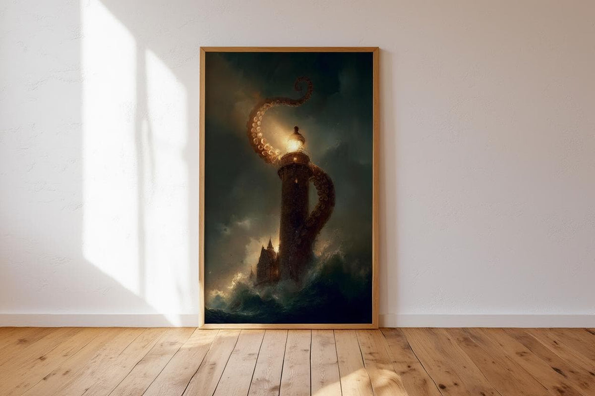 Kraken Lighthouse Wall Art, Nautical Horror Print, Dark Academia Seascape, Gothic Ocean Fantasy Decor