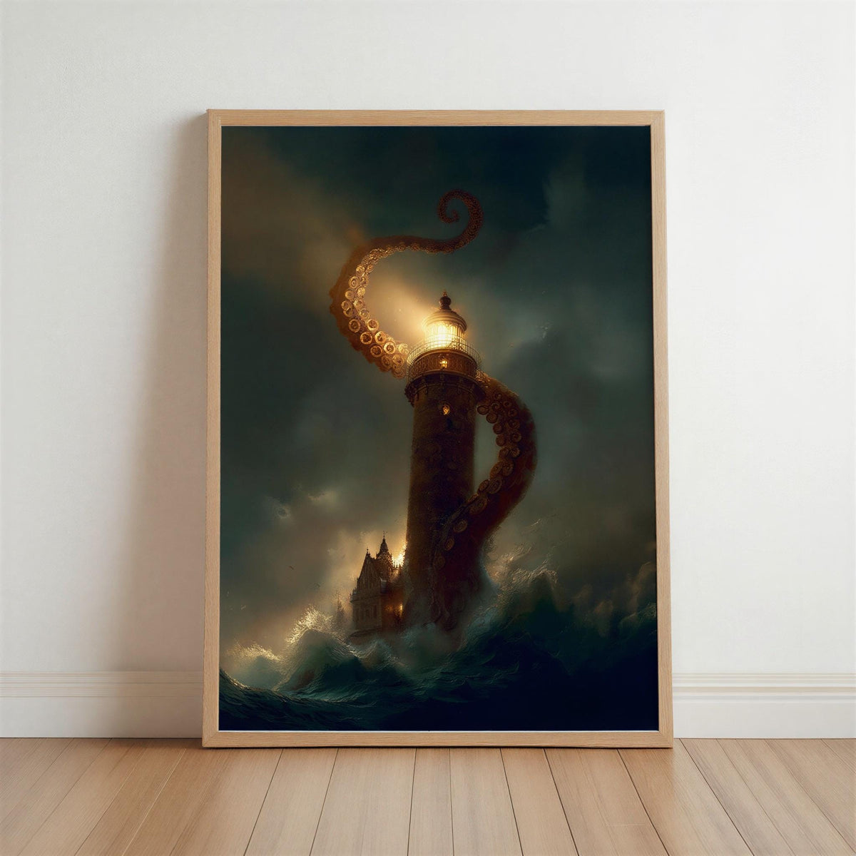 Kraken Lighthouse Wall Art, Nautical Horror Print, Dark Academia Seascape, Gothic Ocean Fantasy Decor