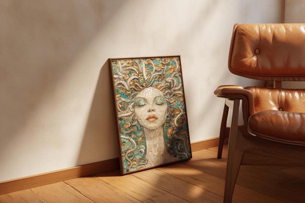 Medusa Mosaic Art Print, Teal Gold Serpent Goddess Wall, Dark Academia Greek Mythology Poster